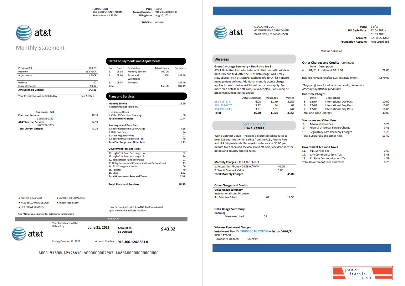 USA Texas AT&T telecommunications utility bill template in Word and PDF format (2 pages)